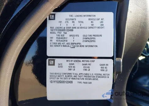 2003 Chevrolet Corvette from USA, damaged, VIN 1G1YY22G935122499